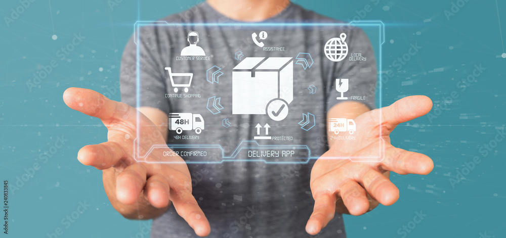 Poster businessman holding a logistic delivery application screen 3d rendering