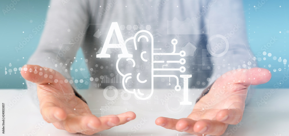 Poster business man holding artificial intelligence icon with half brain and half circuit 3d rendering