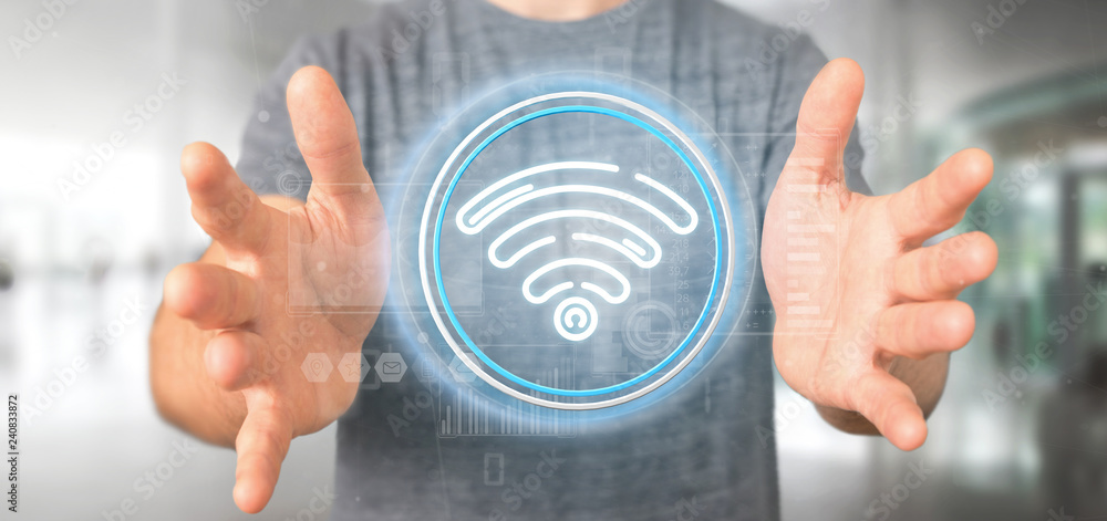 Poster businessman holding wifi icon with stats and binary code 3d rendering