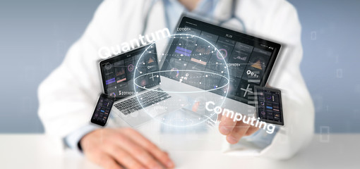 Doctor holding Quantum computing concept with qubit and devices 3d rendering