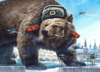 Grotesque (caricature) character. Formidable bear in a soldier's hat looks away West's and smokes. Comic image of Russia and the USSR. Propaganda cliche.