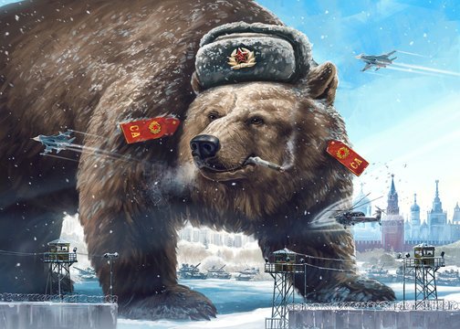 Grotesque (caricature) character. Formidable bear in a soldier's hat looks away West's and smokes. Comic image of Russia and the USSR. Propaganda cliche.