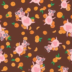 Vector Happy Pig in Bright Oranges Pattern