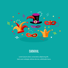 Vector illustration with carnival and celebratory objects. Template for carnival, invitation, poster, flayer, ticket, funfair. Flat style.