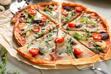 Delicious pizza on table, closeup