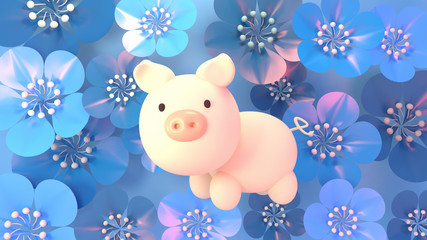 2019 Chinese New Year holiday's greetings. Year of the Pig. Beautiful blue floral pattern background. 3d rendering picture.