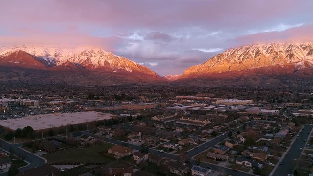 Aerial view of department stores during the holidays at sunset on the first day of winter in Utah Valley.