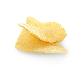Tasty potato chips on white background