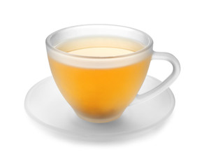 Cup of hot tea on white background