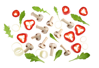 Different vegetables, mushrooms and arugula on white background