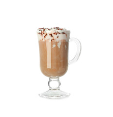 Glass cup of tasty coffee milkshake on white background