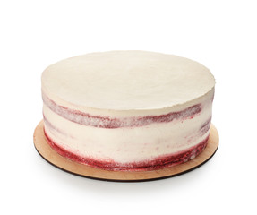 Delicious Christmas cake on white background