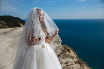 Fototapeta na wymiar Portrait of beautiful bride with veil on background of ocean.