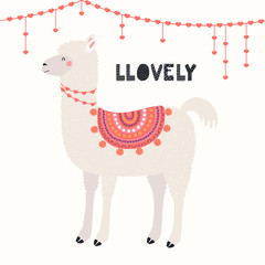 Hand drawn Valentines day card with cute funny llama, heart decorations, text Llovely. Vector illustration. Scandinavian style flat design. Concept for celebration, invite, children print.