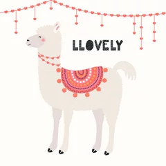 Sierkussen Hand drawn Valentines day card with cute funny llama, heart decorations, text Llovely. Vector illustration. Scandinavian style flat design. Concept for celebration, invite, children print. © Maria Skrigan