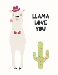 Rolgordijnen Hand drawn Valentines day card with cute funny llama in hat, bow tie, cactus, text Llama love you. Vector illustration. Scandinavian style flat design. Concept for celebration, invite, children print. © Maria Skrigan