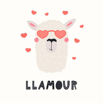Hand drawn Valentines day card with cute funny llama in heart shaped glasses, text Llamour. Vector illustration. Scandinavian style flat design. Concept for celebration, invite, children print.