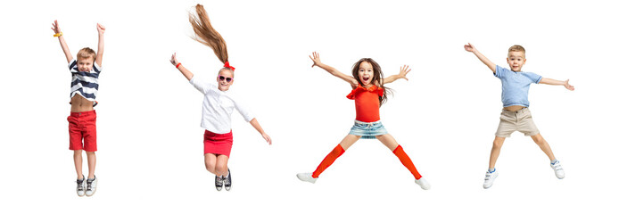 The kids dance school, ballet, hiphop, street, funky and modern dancers on white studio background. Girls and boys is showing aerobic and dance element. Teen in hip hop style. Collage
