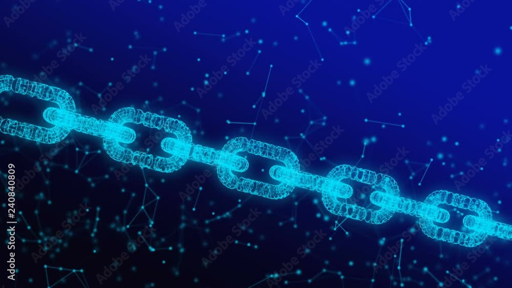 Poster digital data and network connection structure of illuminated blockchain shape on blue background. da