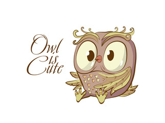 Owl cute vector character hand drawn. Color Isolated on white background. Kid animal print, sticker, card.