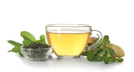 Cup of tea with ginger on white background. Weight loss concept