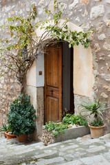 Puerta rodeada de plantas en una calle de escaleras de piedra en Bunyola, Mallorca