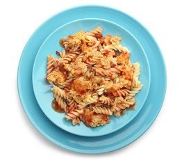 Plate of tasty pasta with tomato sauce and meat on white background
