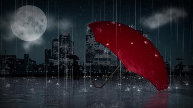 Red Umbrella Rain with People - This video features a city landscape background with rain falling down and splashing all around a red umbrella that has been left outside with people silhouettes in the