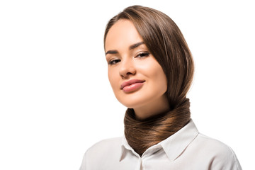 attractive girl with long hair around neck looking at camera and smiling isolated on white