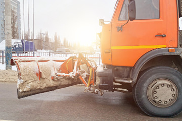 Snowblower machine or snow removal car with equipment for cleaning city roads from snow