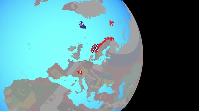 Zooming to EFTA countries with national flags on simple political globe. 3D illustration.
