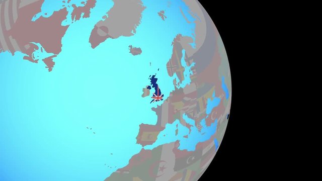 Zooming to United Kingdom with national flag on simple political globe. 3D illustration.