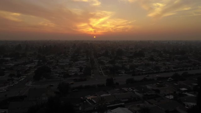 Suburban Los Angles Sunset aerial footage Whittier California Drone