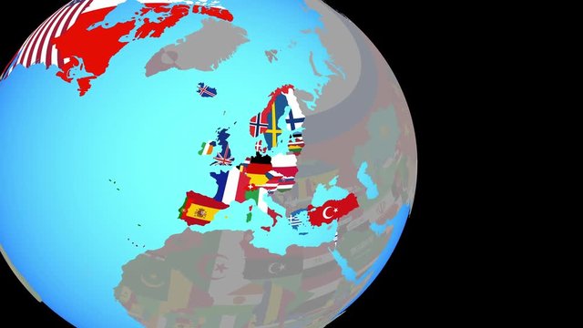 Zooming to OECD European members with national flags on simple political globe. 3D illustration.