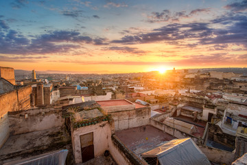 Fototapeta na wymiar View of the old Medina in Fez ( Fes El Bali ) , Morocco at sunrise. The ancient city and the oldest capital of Morocco. One of the Imperial cities of Morocco. unesco world heritage site
