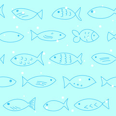 A flock of swimming fish.  Seamless pattern. Hand drawn design