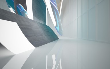 Obraz premium Empty dark abstract concrete, wood and glass room smooth interior. Architectural background. Night view of the illuminated. 3D illustration and rendering