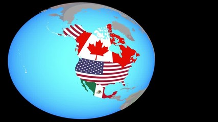 Zooming to NAFTA memeber states with national flags on simple political globe. 3D illustration.