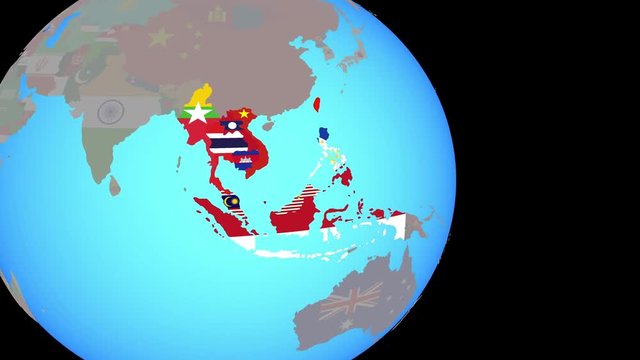 Zooming to ASEAN memeber states with national flags on simple political globe. 3D illustration.