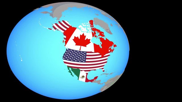 Zooming to NAFTA memeber states with national flags on simple political globe. 3D illustration.