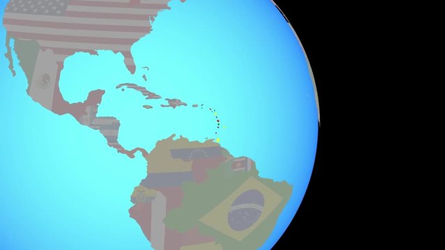 Zooming to Caribbean with national flag on simple political globe. 3D illustration.