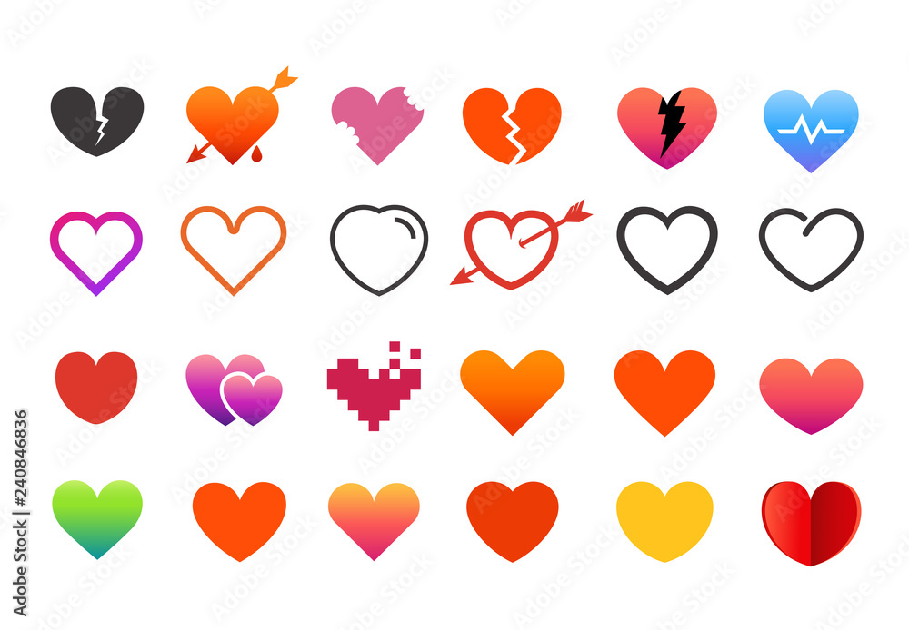 Poster Different style heart symbols collection. Vector elements set isolated on white background