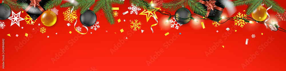 Poster christmas banner concept. holiday web header christmas background. xmas elements on red. top view ve