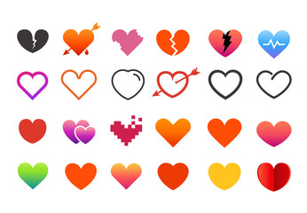 Different style heart symbols collection. Vector elements set isolated on white background