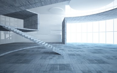 Abstract white and concrete interior multilevel public space with window. 3D illustration and rendering.