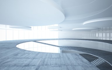 Obraz premium Abstract white and concrete interior multilevel public space with window. 3D illustration and rendering.