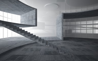 Abstract white and concrete interior multilevel public space with window. 3D illustration and rendering.
