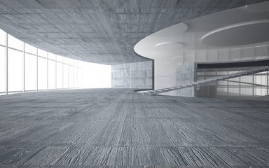 Abstract white and concrete interior multilevel public space with window. 3D illustration and rendering.