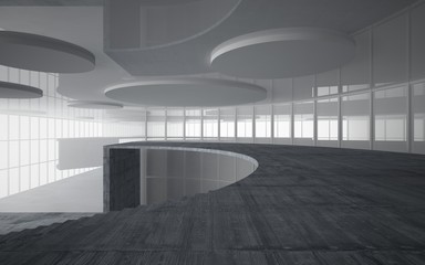 Abstract white and concrete interior multilevel public space with window. 3D illustration and rendering.