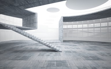 Abstract white and concrete interior multilevel public space with window. 3D illustration and rendering.